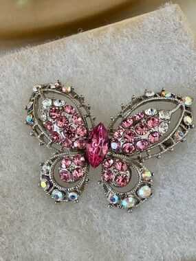 Butterfly Brooch Pink and Iridescent Rhinestone , Silver Tone